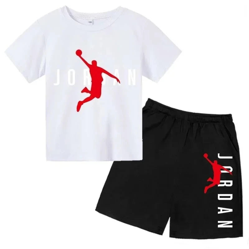 White t-shirt and black shorts set with red 'Jordan' logo on a white background
