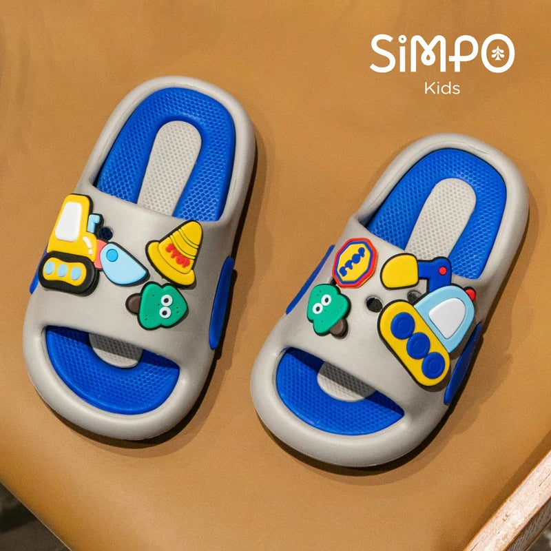 Pair of children's sandals with colorful designs on a brown surface, featuring the brand 'Simpo Kids'.