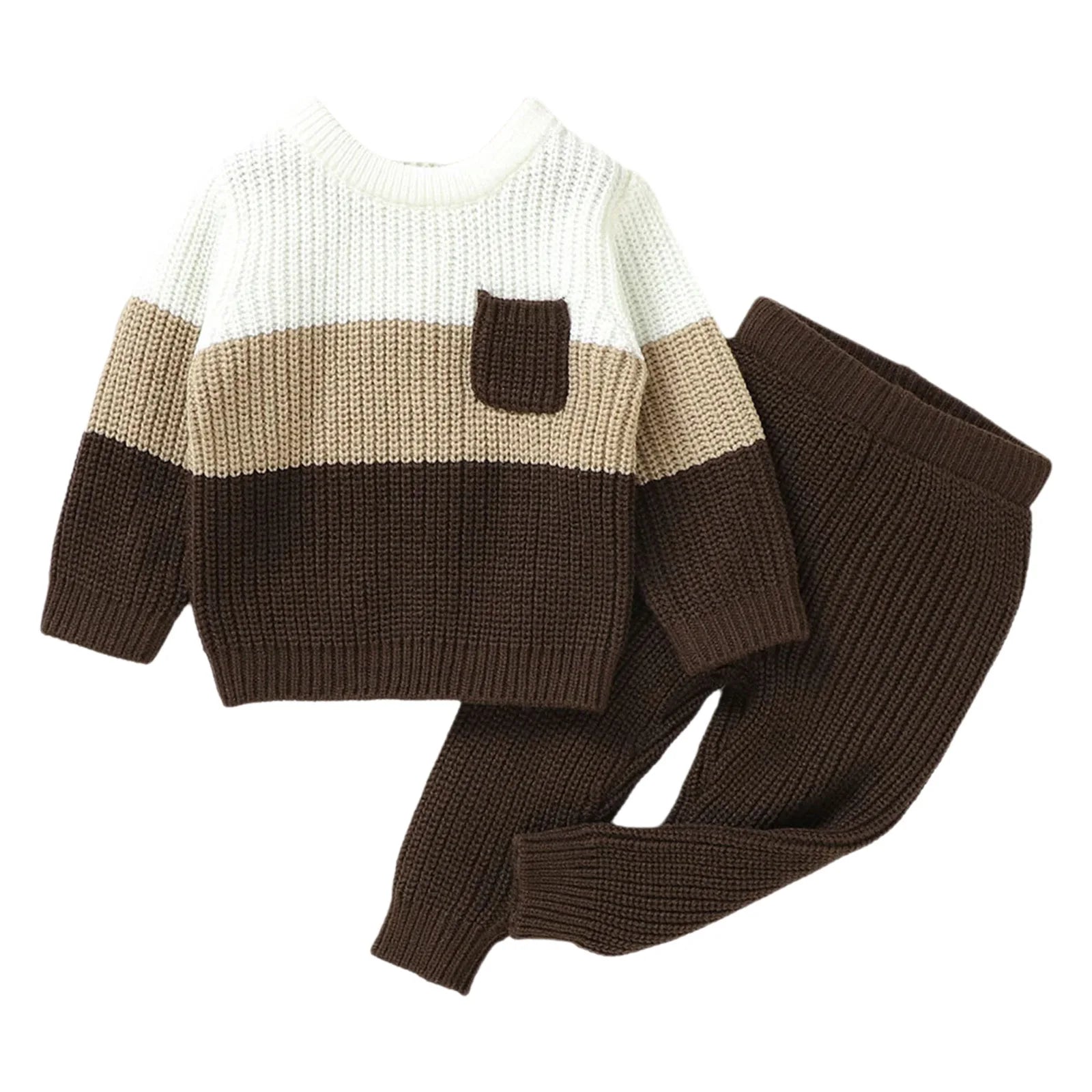 Knitted sweater and pants set with a color-block design on a white background