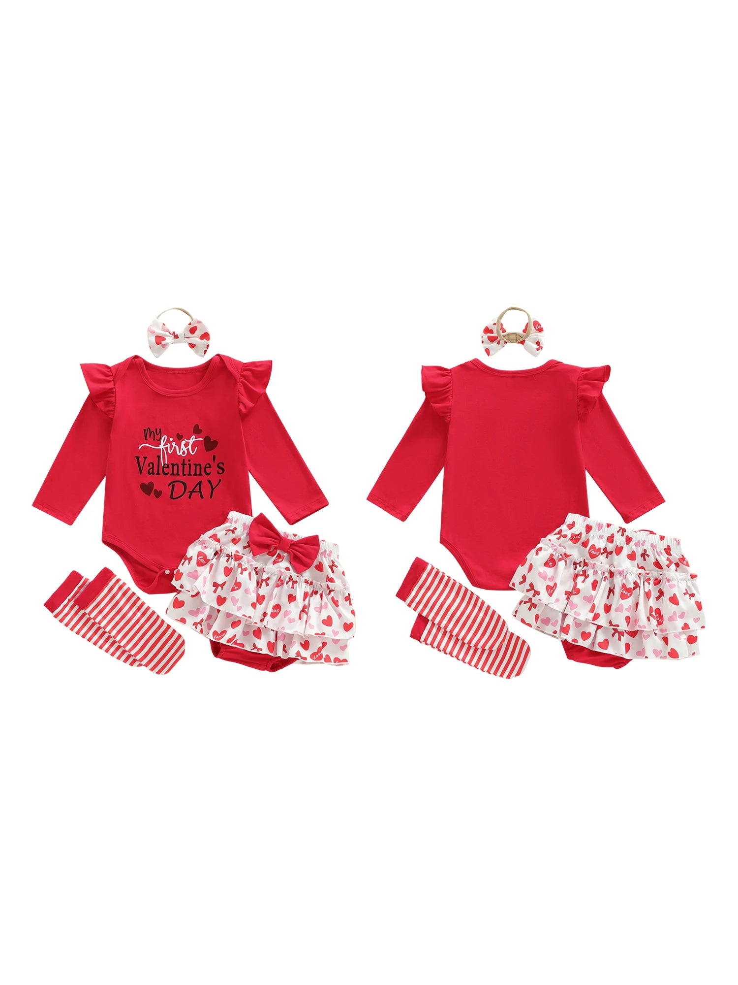 Valentine-themed baby outfit set with red bodysuits, skirts, and headbands on a white background.