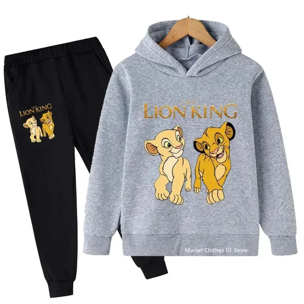 Gray hoodie with 'The Lion King' design and black pants on a white background