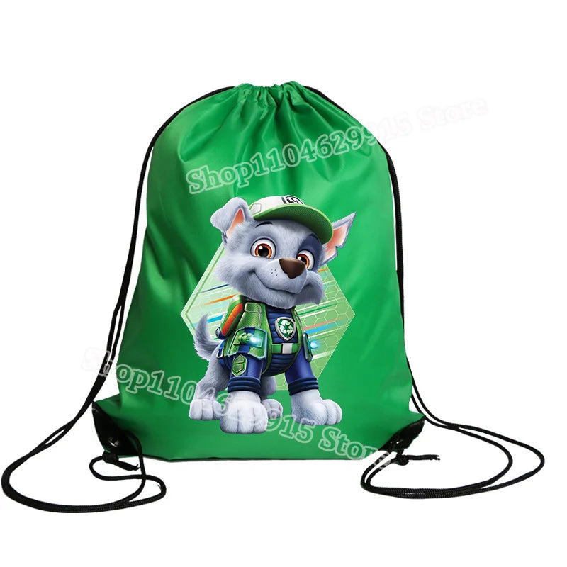 Green drawstring bag with a cartoon character on a white background