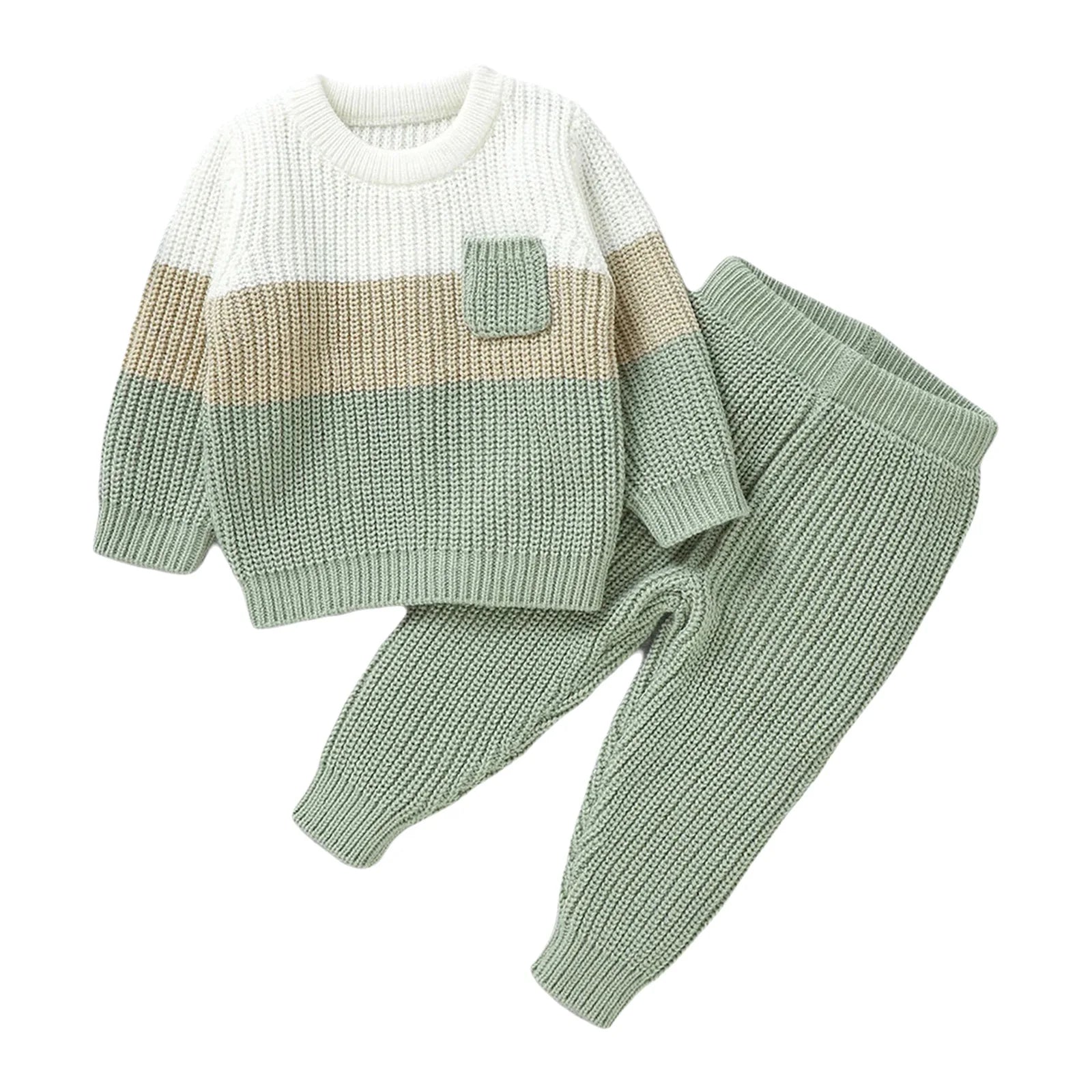 Knitted sweater and pants set with a gradient color pattern on a white background