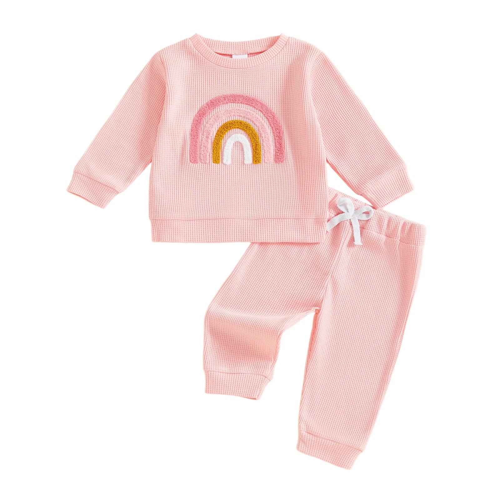 Rainbow Embroidery Long Sleeve Pullover with Pants 2 Pcs Set