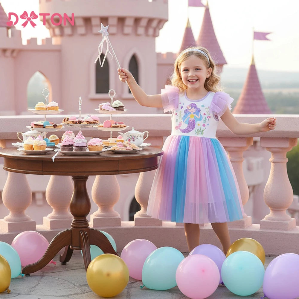 Young girl in a colorful dress standing in front of a table with pastel cupcakes and balloons, with a castle in the background.
