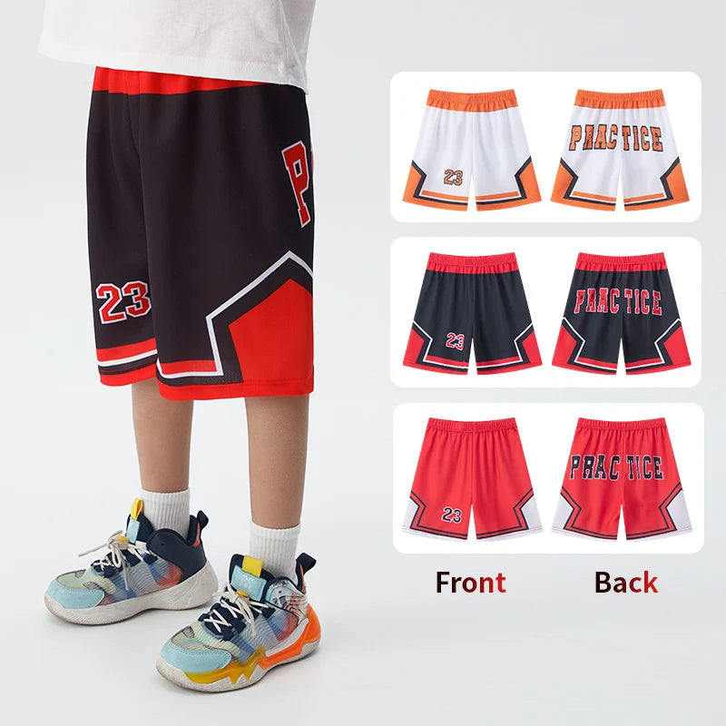 Basketball shorts with red, black, and white design on a white background