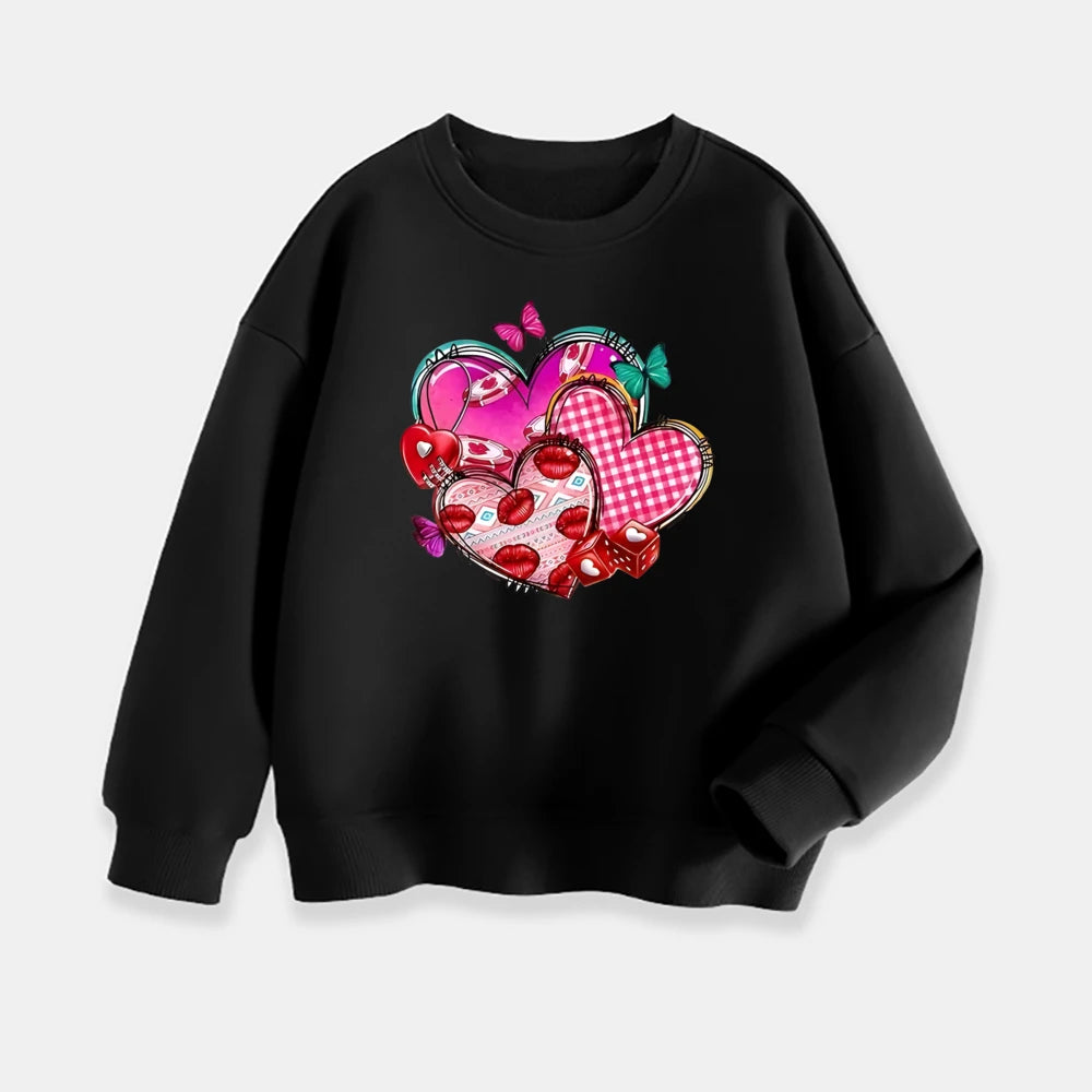 Black sweatshirt with colorful heart design on a light gray background