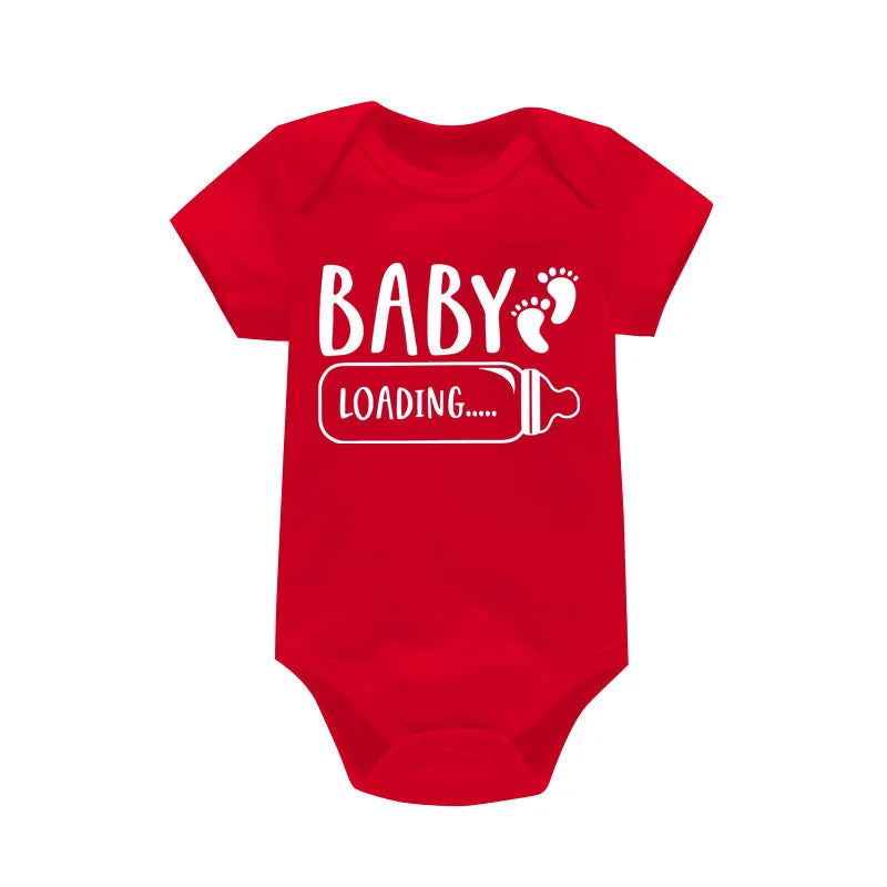 Red baby onesie with 'Baby Loading' text on a white background