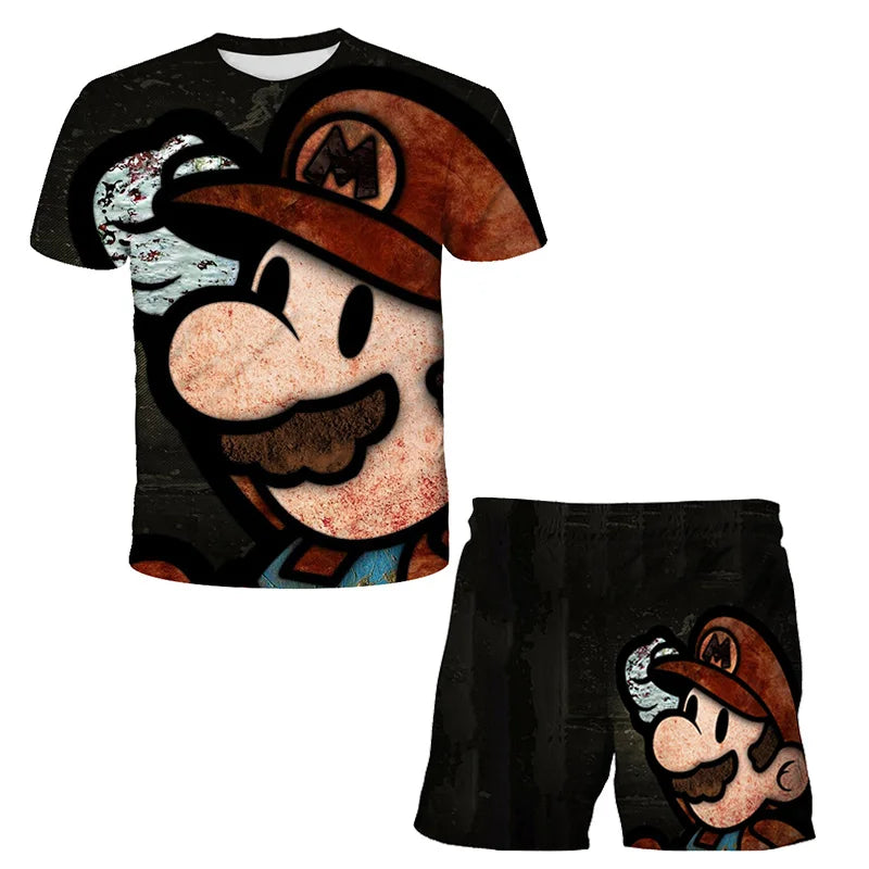 T-shirt and shorts set with cartoon character design on a white background