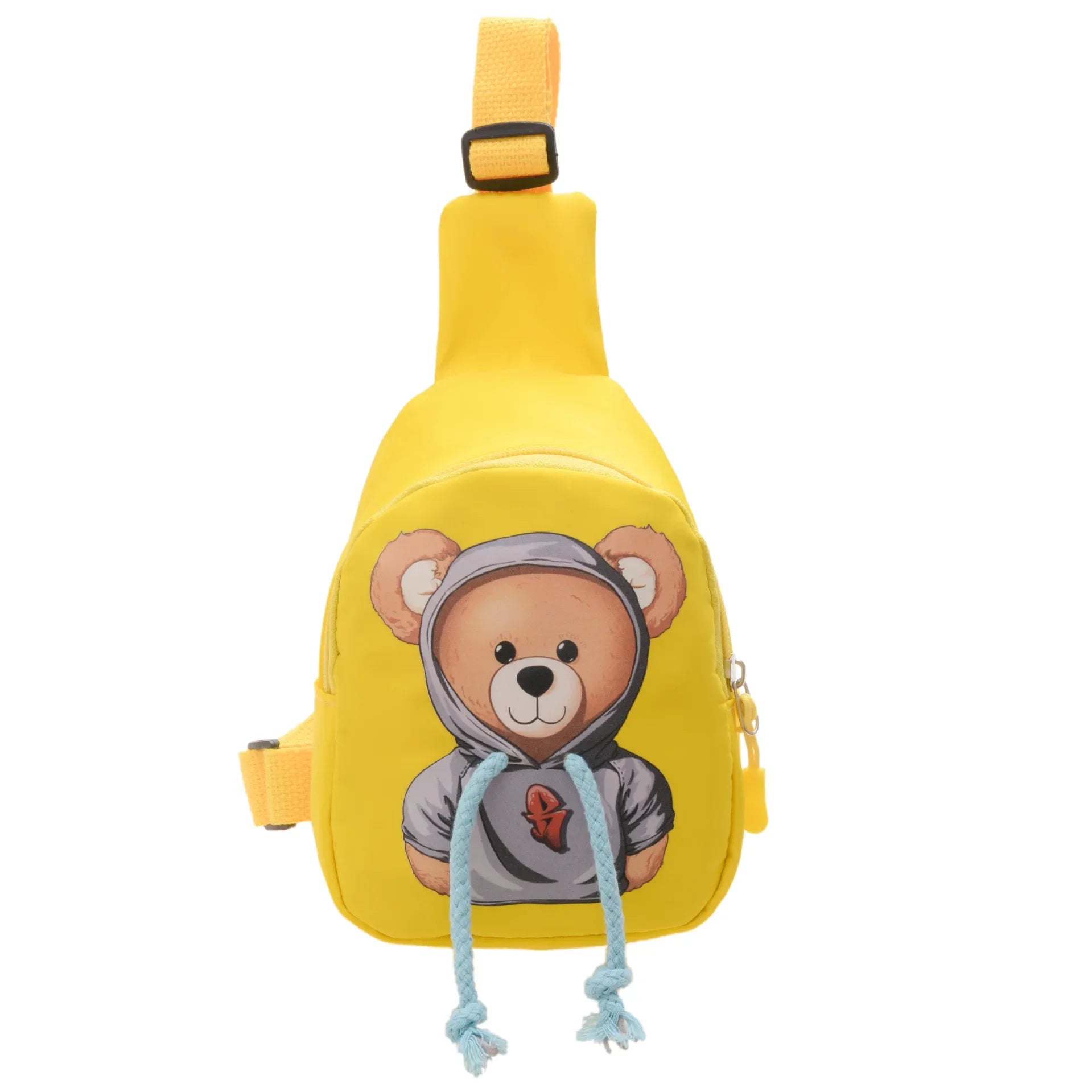 Yellow sling bag with a bear design on a white background