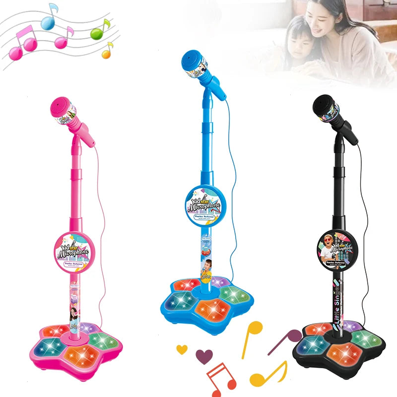 Three toy microphones with colorful bases on a white background