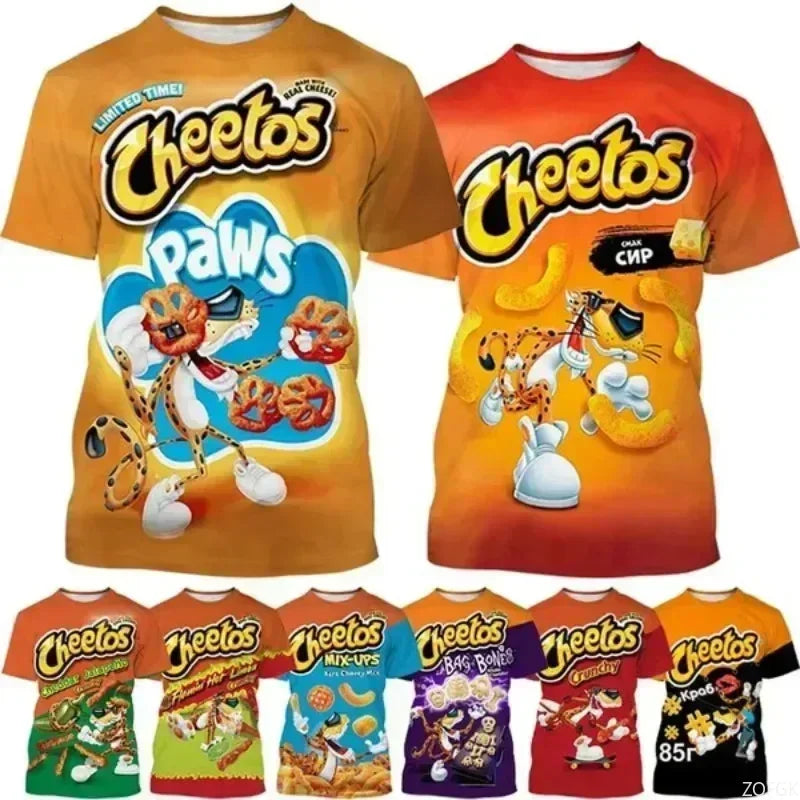 Collection of Cheetos-themed t-shirts with various designs and colors.