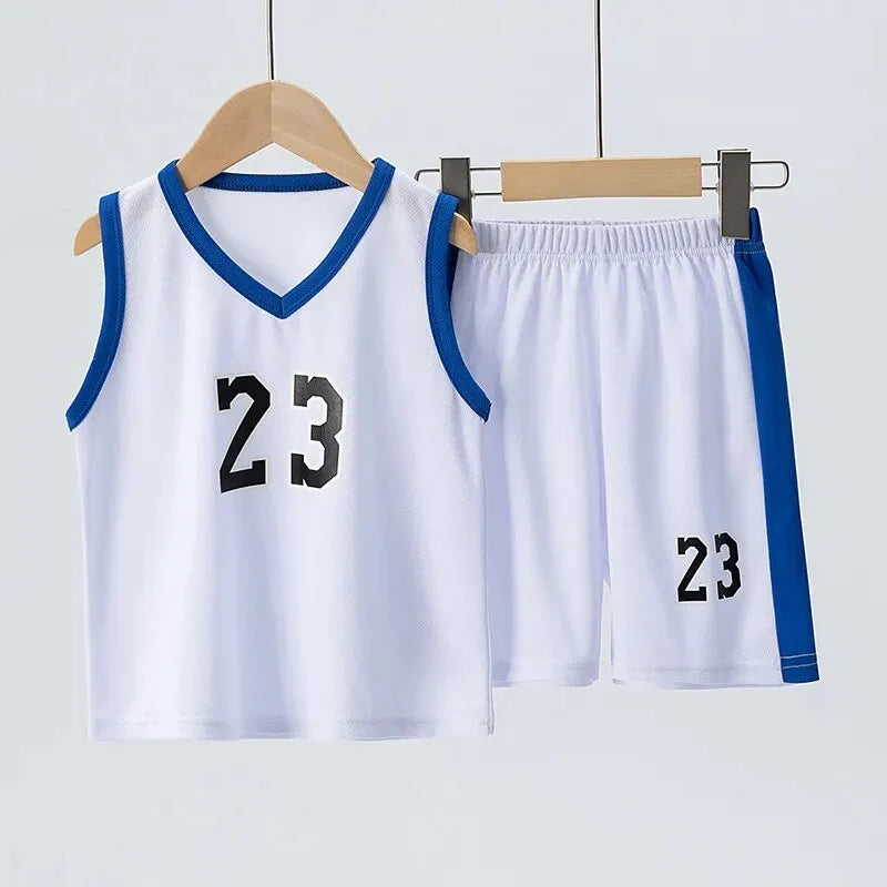 White basketball jersey and shorts with blue accents and number 23 on a wooden hanger against a light gray background.