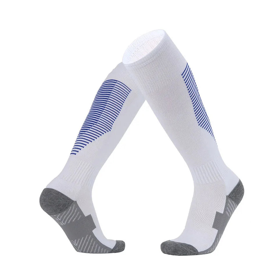 White knee-high socks with blue stripes and gray toes on a white background