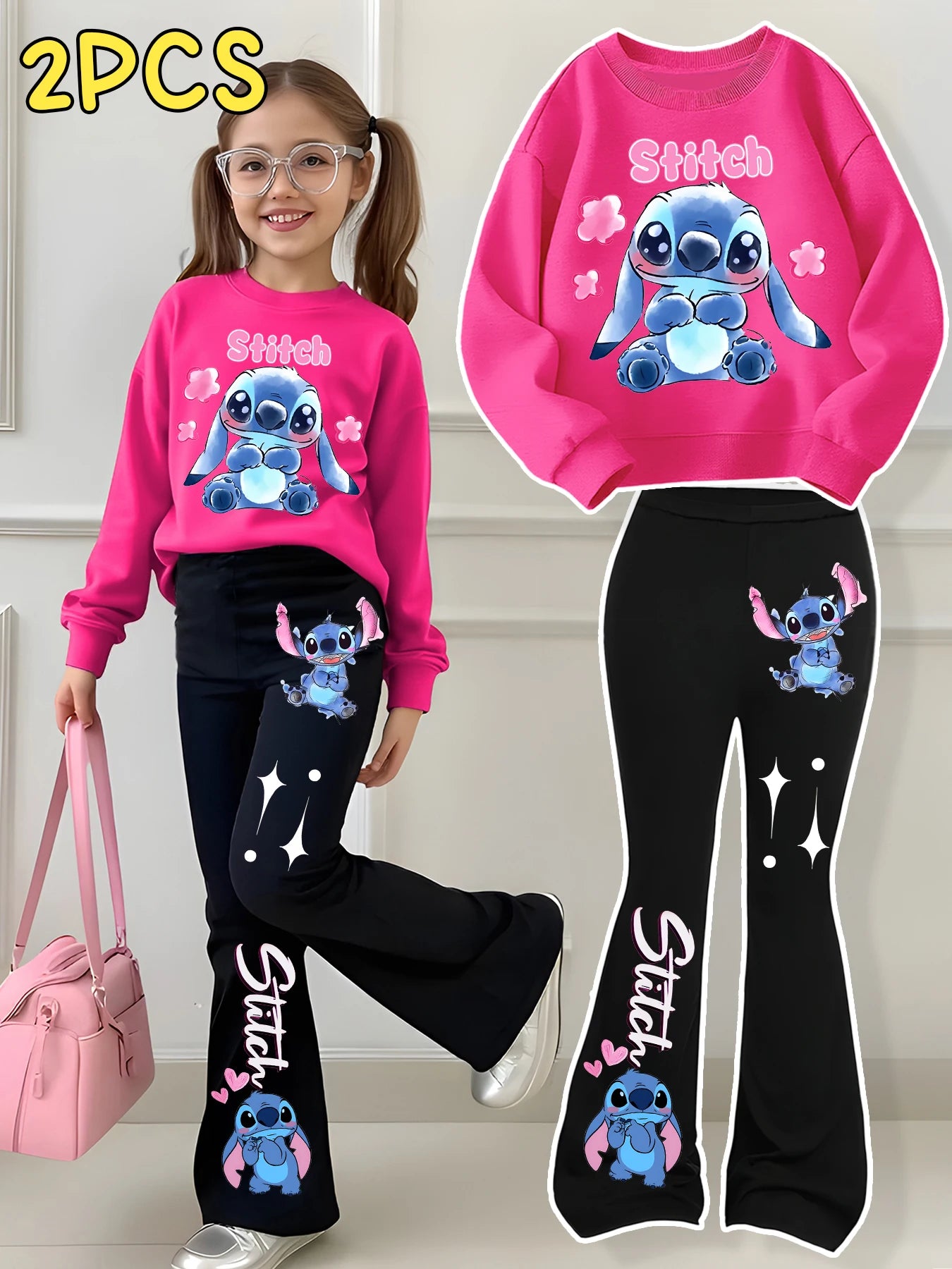 Pink and black outfit with 'Stitch' design on a child model, with close-up of the shirt.