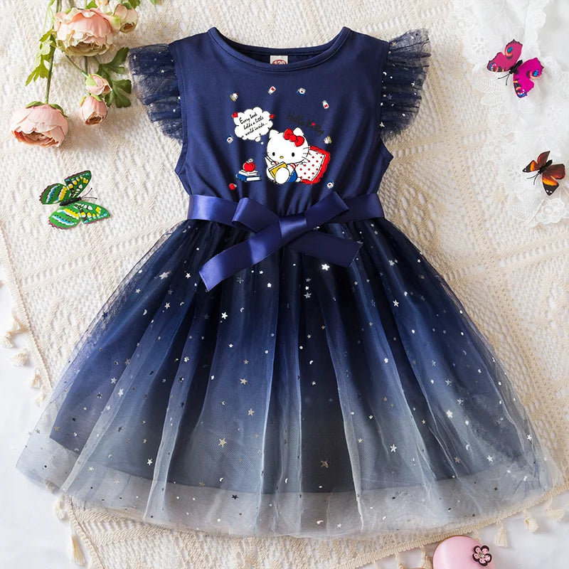 Navy blue dress with cartoon character and star details on a textured surface.