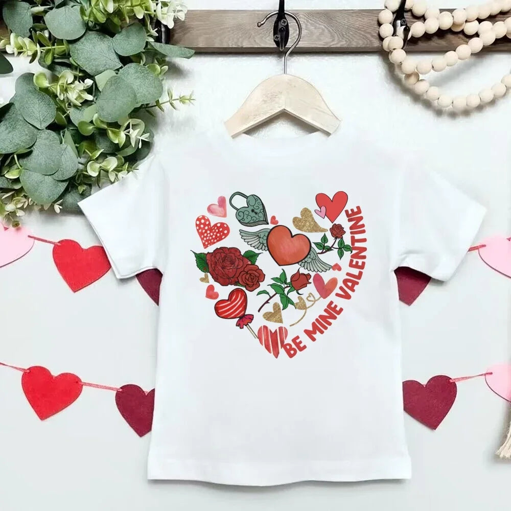 White t-shirt with Valentine's Day design featuring hearts and flowers, hanging on a wooden hanger.