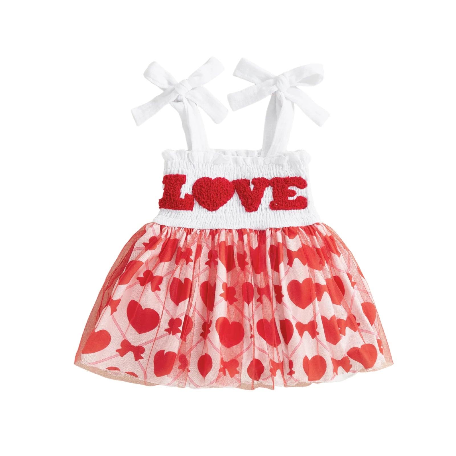 Children's dress with 'LOVE' text and heart patterns on a white background