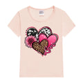 Pink t-shirt with a heart design featuring flowers and leopard print on a white background