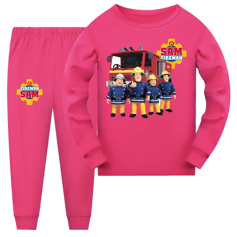 Pink children's pajama set with Fireman Sam design on a white background
