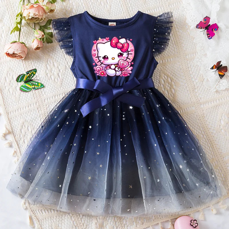 Navy blue dress with cartoon character on a textured surface with flowers and butterflies.