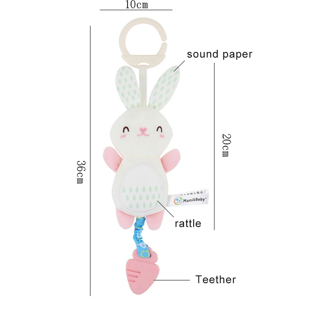 Measurement chart of a baby toy with rabbit design, showing dimensions and labeled parts.