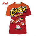 Red t-shirt with Cheetos Crunchy logo and graphics on a white background