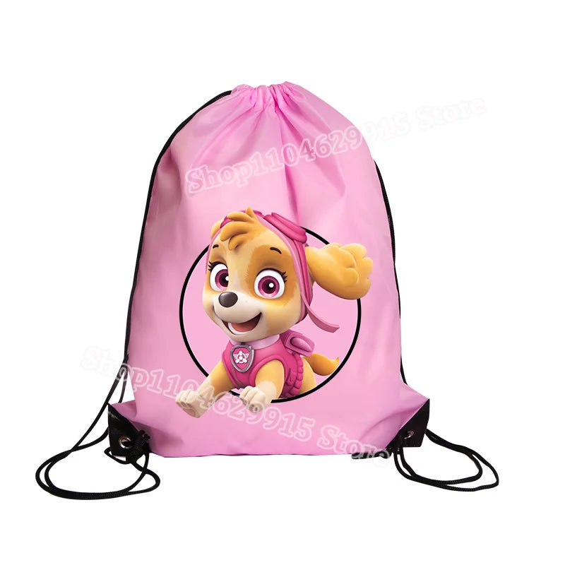 Pink drawstring bag with a cartoon character on a white background