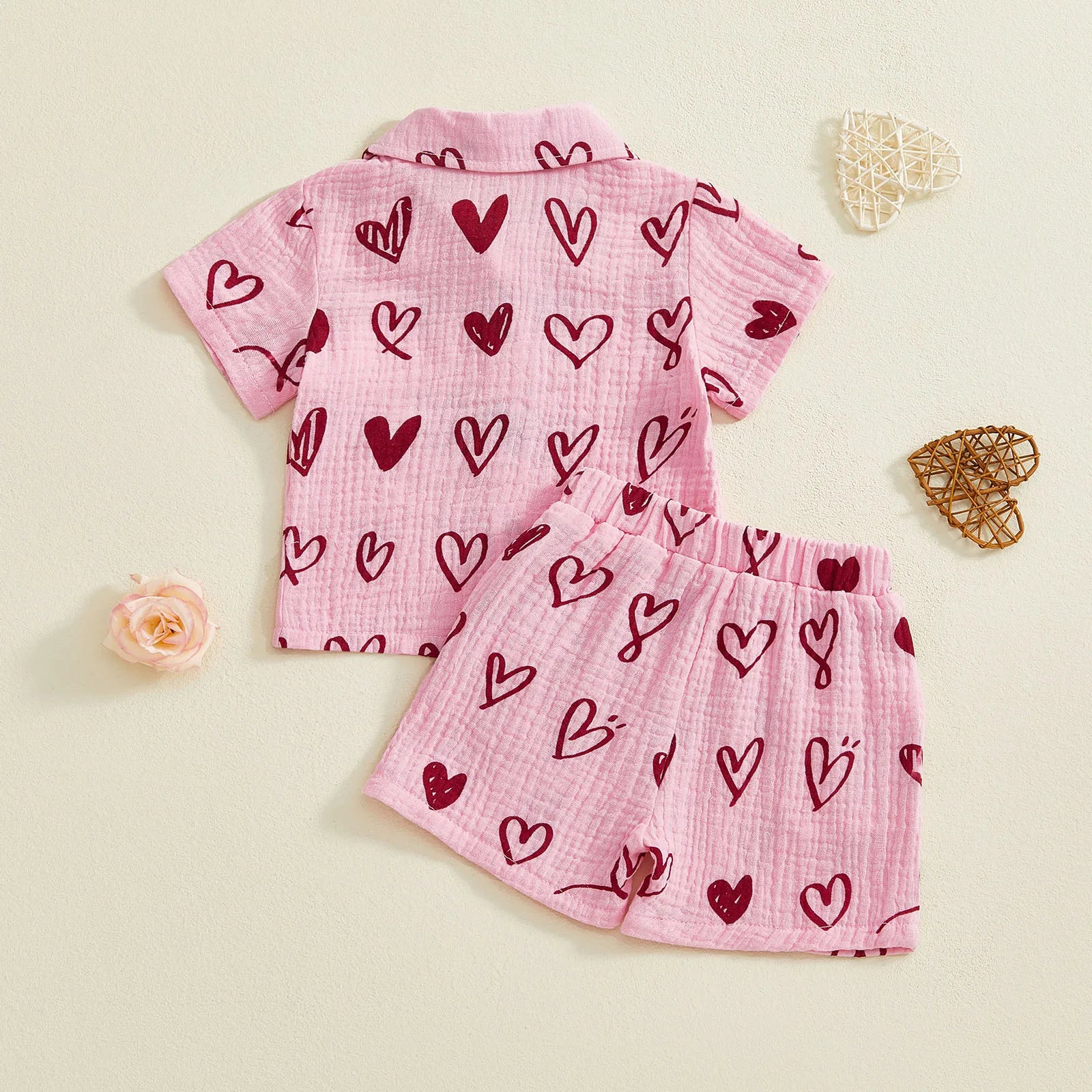 Heart Print Short Sleeve Shirt with Shorts Set