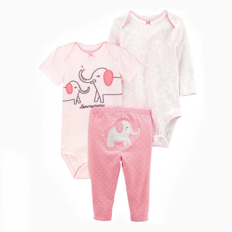 Baby outfit set with pink and white bodysuit and pants featuring elephant designs on a white background.