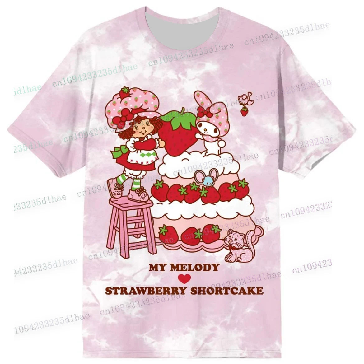T-shirt with Strawberry Shortcake design on a pink background