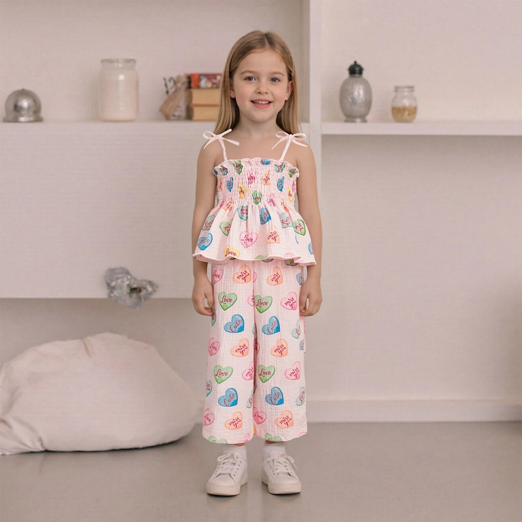 Young girl wearing a colorful outfit with a heart pattern in a room.