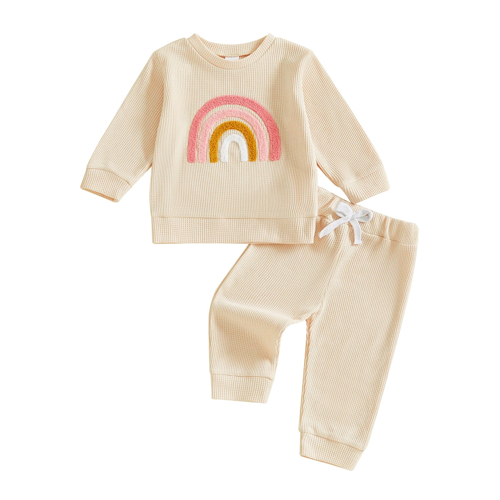 Rainbow Embroidery Long Sleeve Pullover with Pants 2 Pcs Set