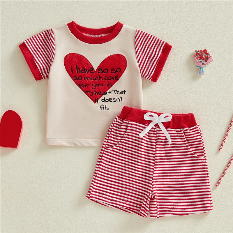 Heart Printed Top + Striped Shorts 2Pcs Set