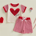 Heart Printed Top + Striped Shorts 2Pcs Set