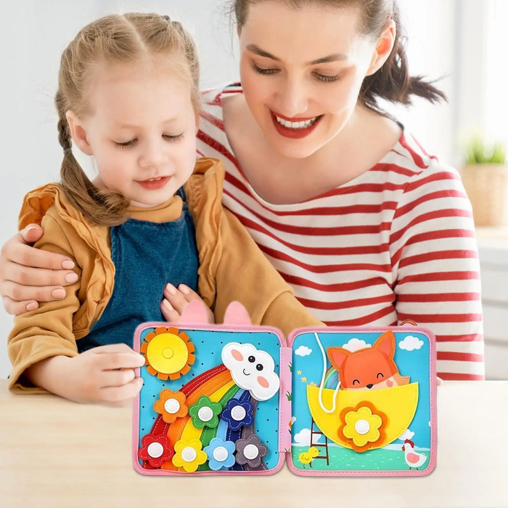Woman and child playing with a colorful educational toy