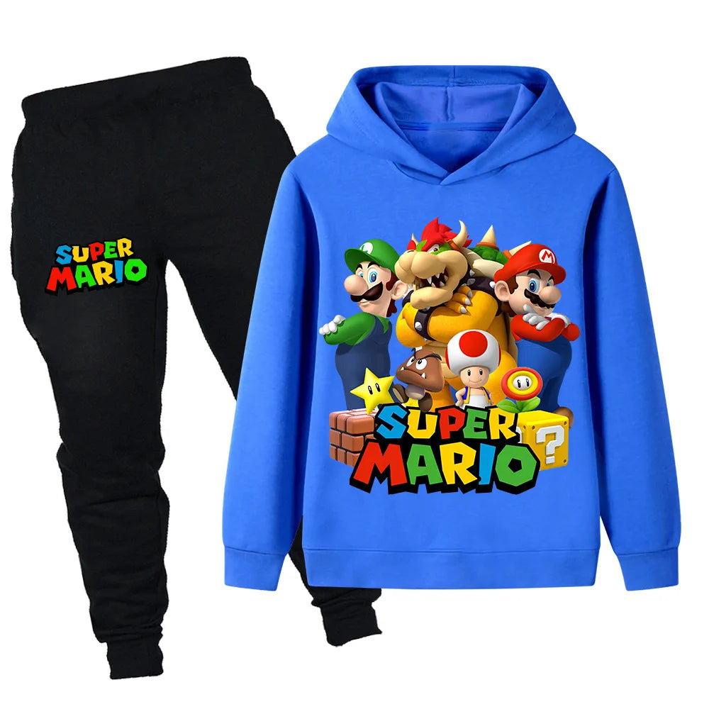 Blue hoodie with Super Mario design and black pants on a white background