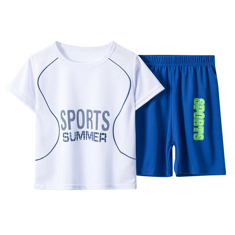 White t-shirt with 'SPORTS SUMMER' text and blue shorts with green text on a white background