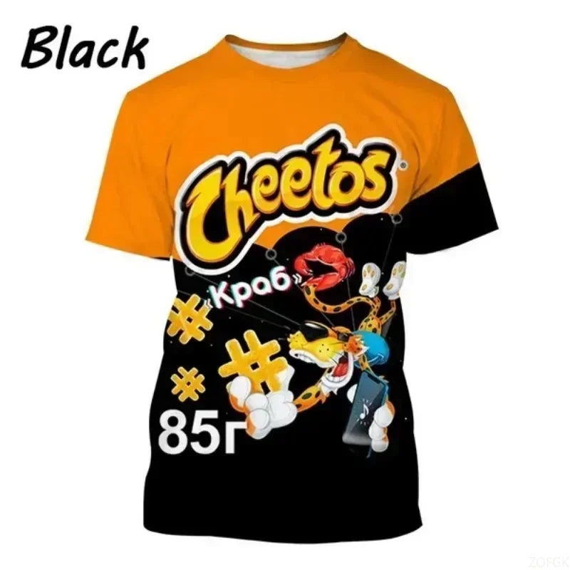 Orange and black t-shirt with Cheetos branding and graphics on a white background