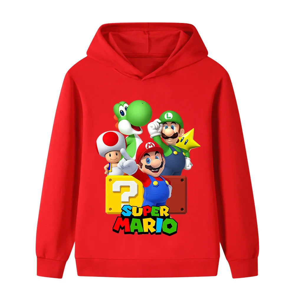 Red hoodie with Super Mario characters on a white background