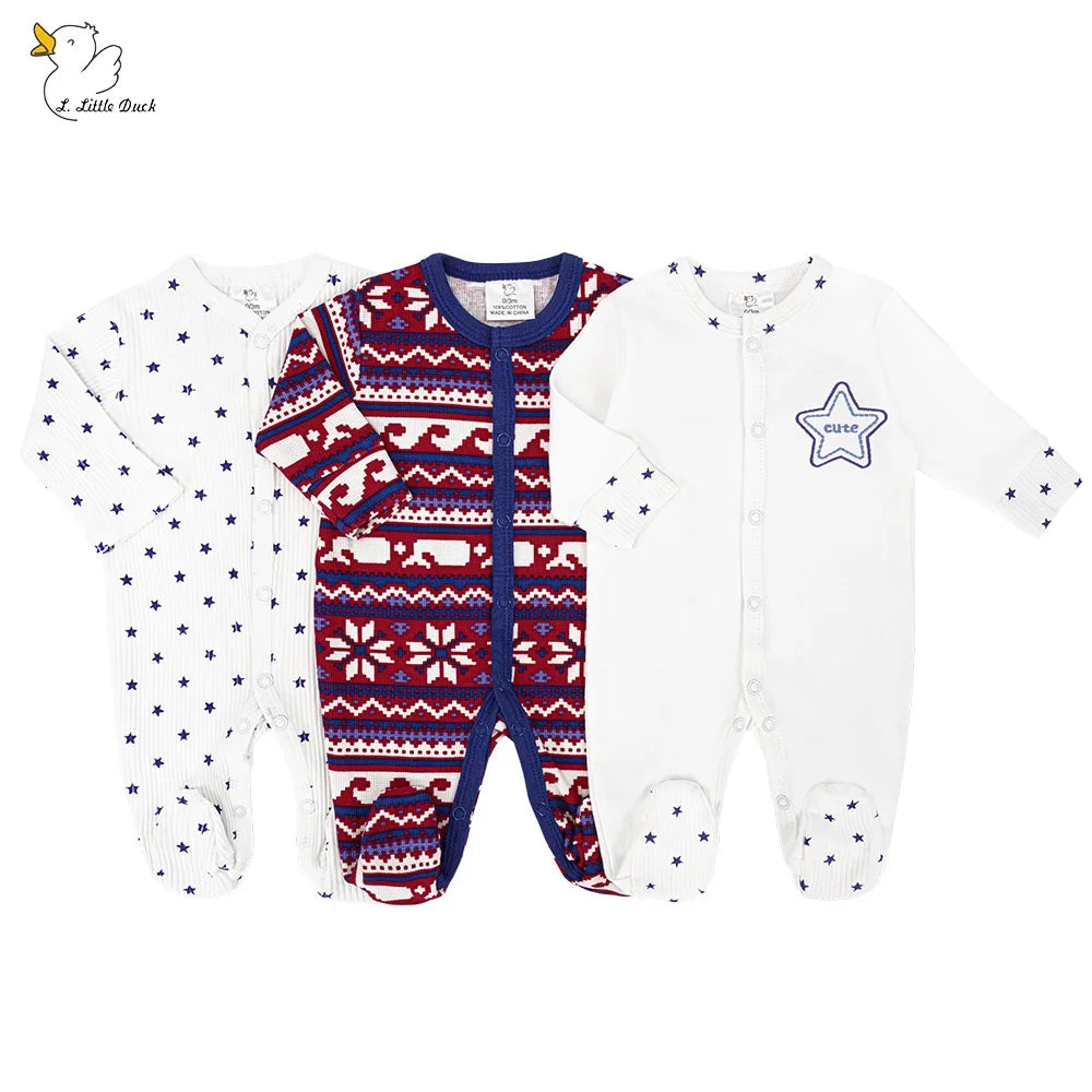 Baby onesie with red and blue pattern on a white background