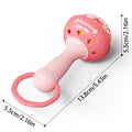 Pink baby rattle with measurements on a white background