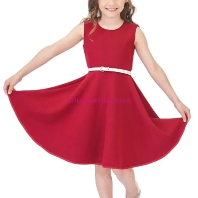Red dress with a white belt worn by a girl on a white background