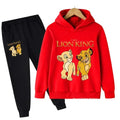 Red hoodie with 'The Lion King' characters and black pants on a white background