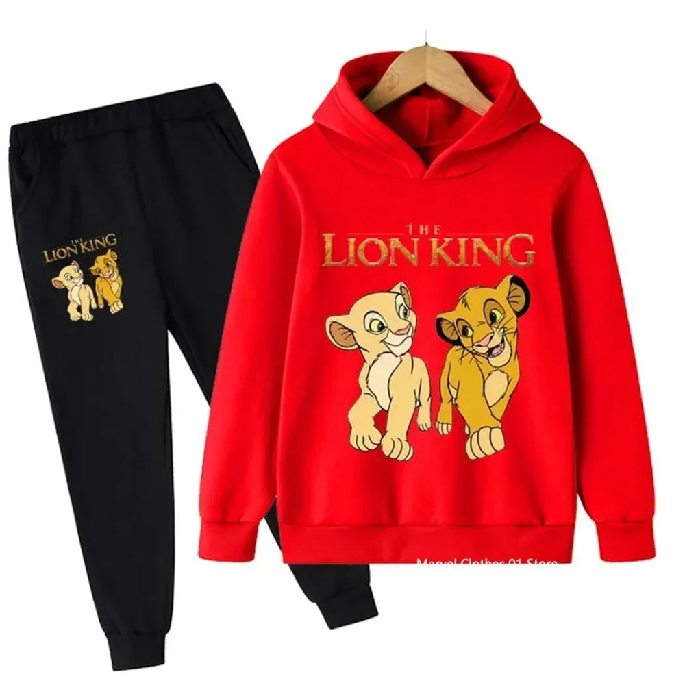 Red hoodie with 'The Lion King' characters and black pants on a white background
