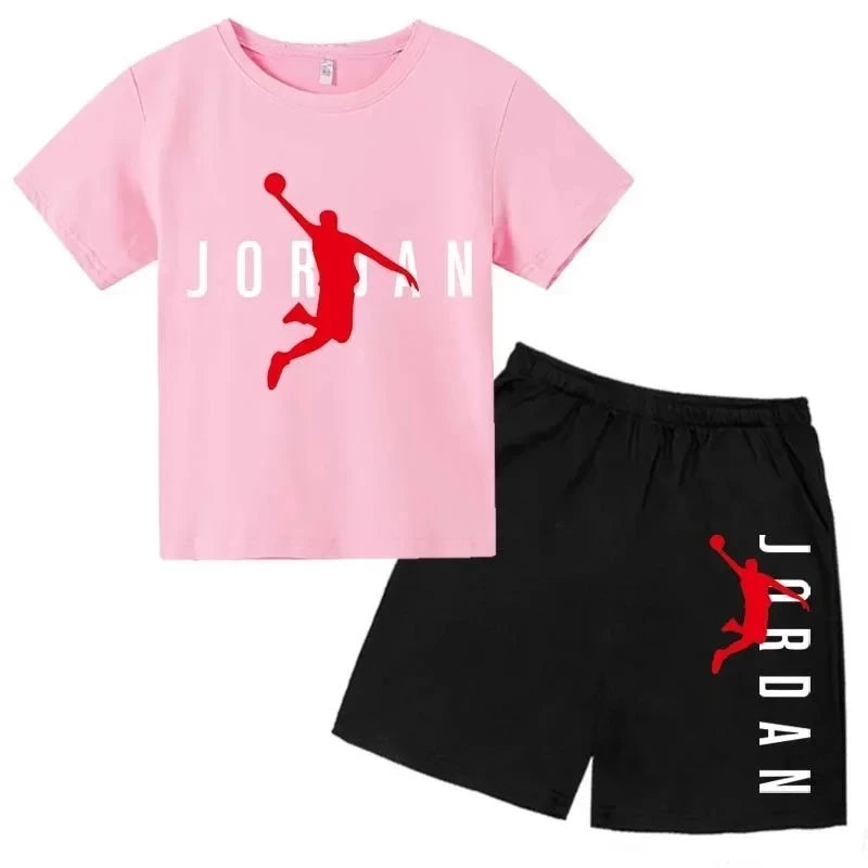 Pink t-shirt and black shorts with Jordan logo on a white background