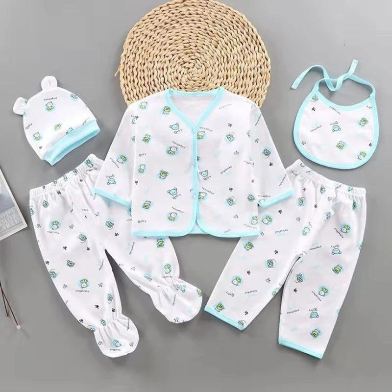 Newborn 5-Piece Baby Set - Cotton Essentials with Top, Pants, Bib & Hat