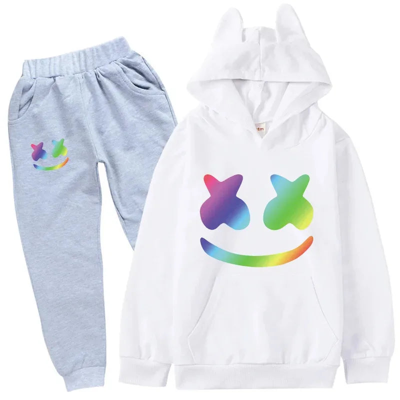 White hoodie and gray pants set with colorful smiley face design on a white background