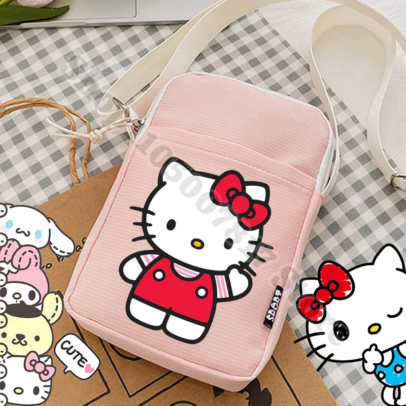 Pink pouch with cartoon character on a checkered fabric background