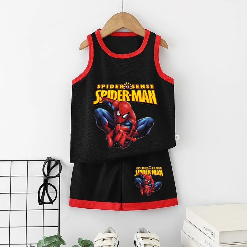 Spider-Man children's tank top and shorts set on a hanger against a white background.
